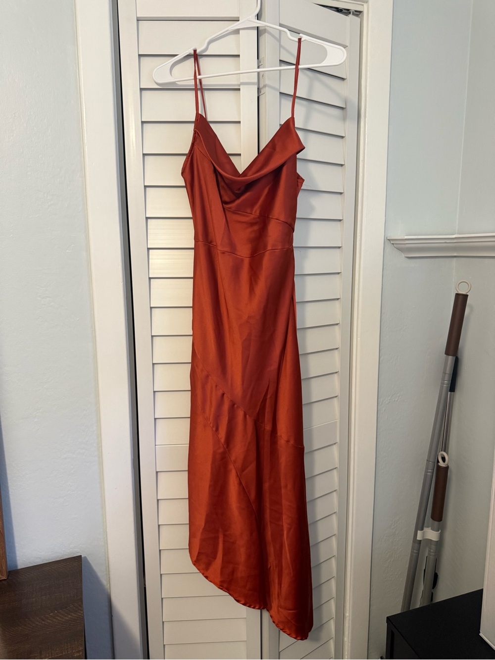Rust Red Satin Asymmetrical Dress with Cowl Neck